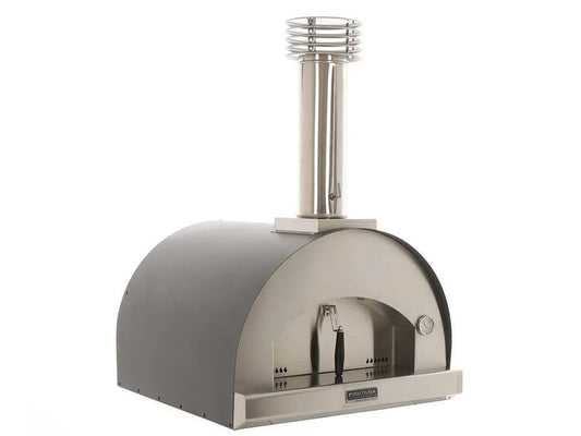 Stainless steel anthracite fontana margherita build in wood fired pizza oven with curved dome, vertical chimney, and temperature gauge