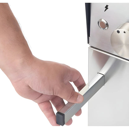 Silver stainless steel oven door handle with black rubberized end cap on Fontana Margherita anthracite dual fuel pizza oven