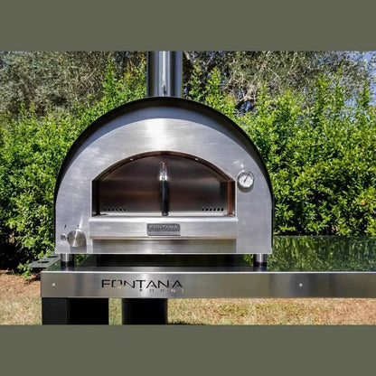 Stainless steel fontana forni outdoor pizza oven with curved door and side-mounted thermometer in anthracite finish
