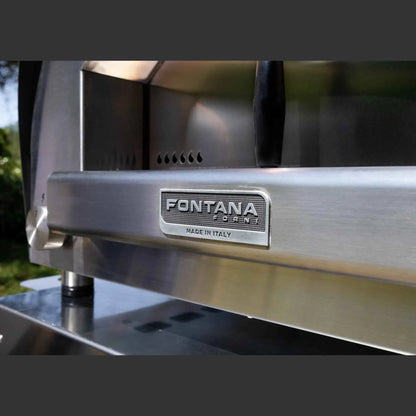 Silver stainless steel fontana forni pizza oven with brushed metal finish and embossed brand plaque for countertop use