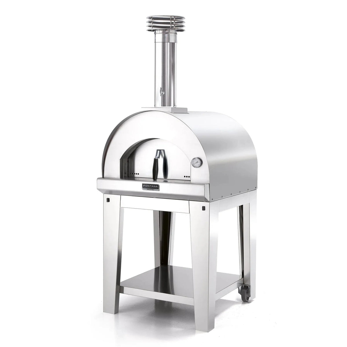 Stainless steel anthracite countertop dual fuel outdoor pizza oven fontana margherita with sleek arch and tall chimney