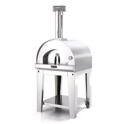 Stainless steel anthracite countertop dual fuel outdoor pizza oven fontana margherita with sleek arch and tall chimney