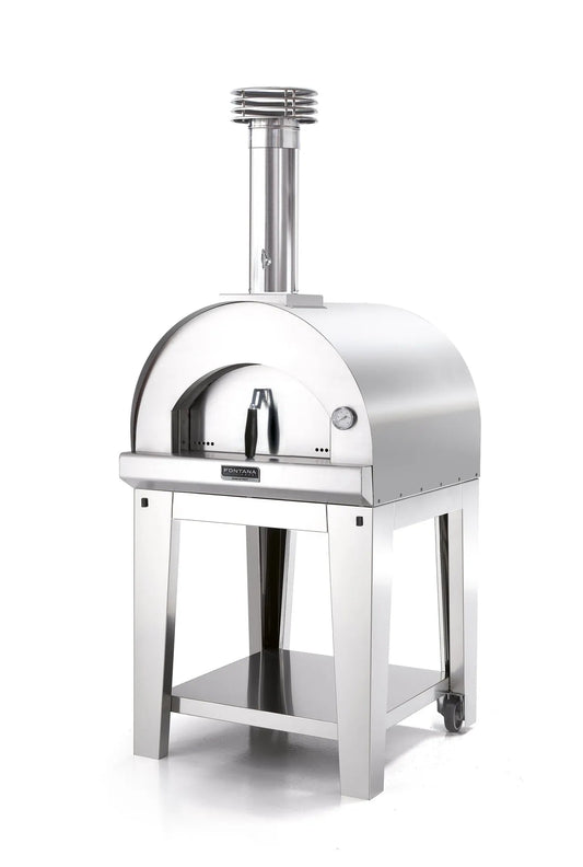 Stainless steel and matte black fontana margherita anthracite dual fuel countertop pizza oven with tall chimney