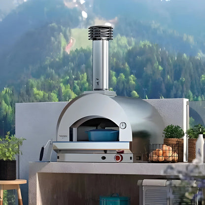 Silver stainless steel Fontana Margherita anthracite outdoor countertop dual fuel pizza oven with chimney and blue ceramic dish