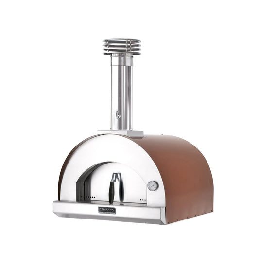 Copper and stainless steel fontana margherita rosso wood-fired pizza oven with curved dome, chrome chimney, and temperature gauge