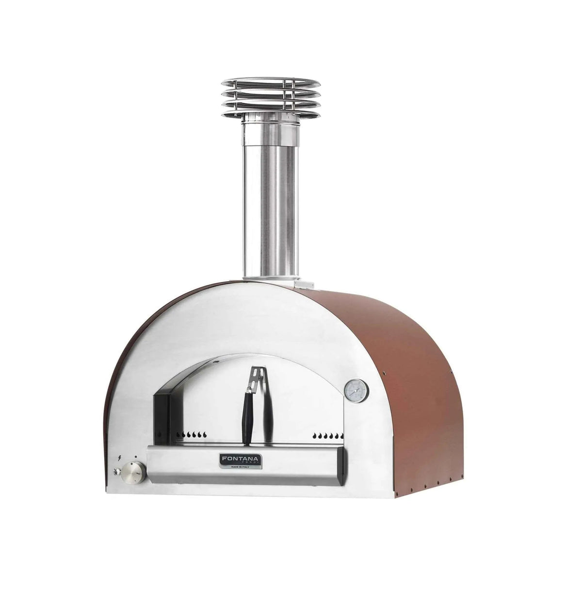 Fontana Margherita Rosso countertop dual fuel pizza oven in stainless steel and copper with a sleek arched design