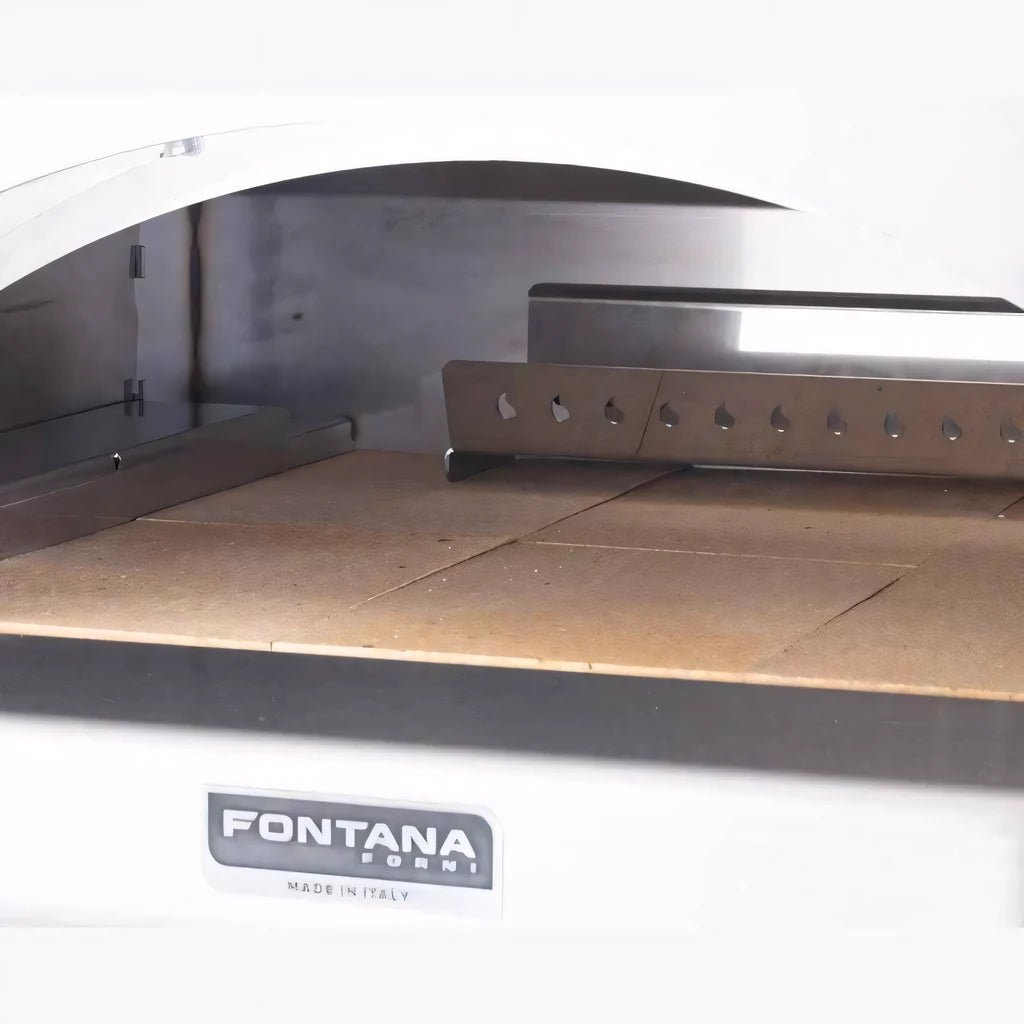 Fontana marinara anthracite countertop dual fuel pizza oven with white forni logo stainless steel interior and wooden baking surface