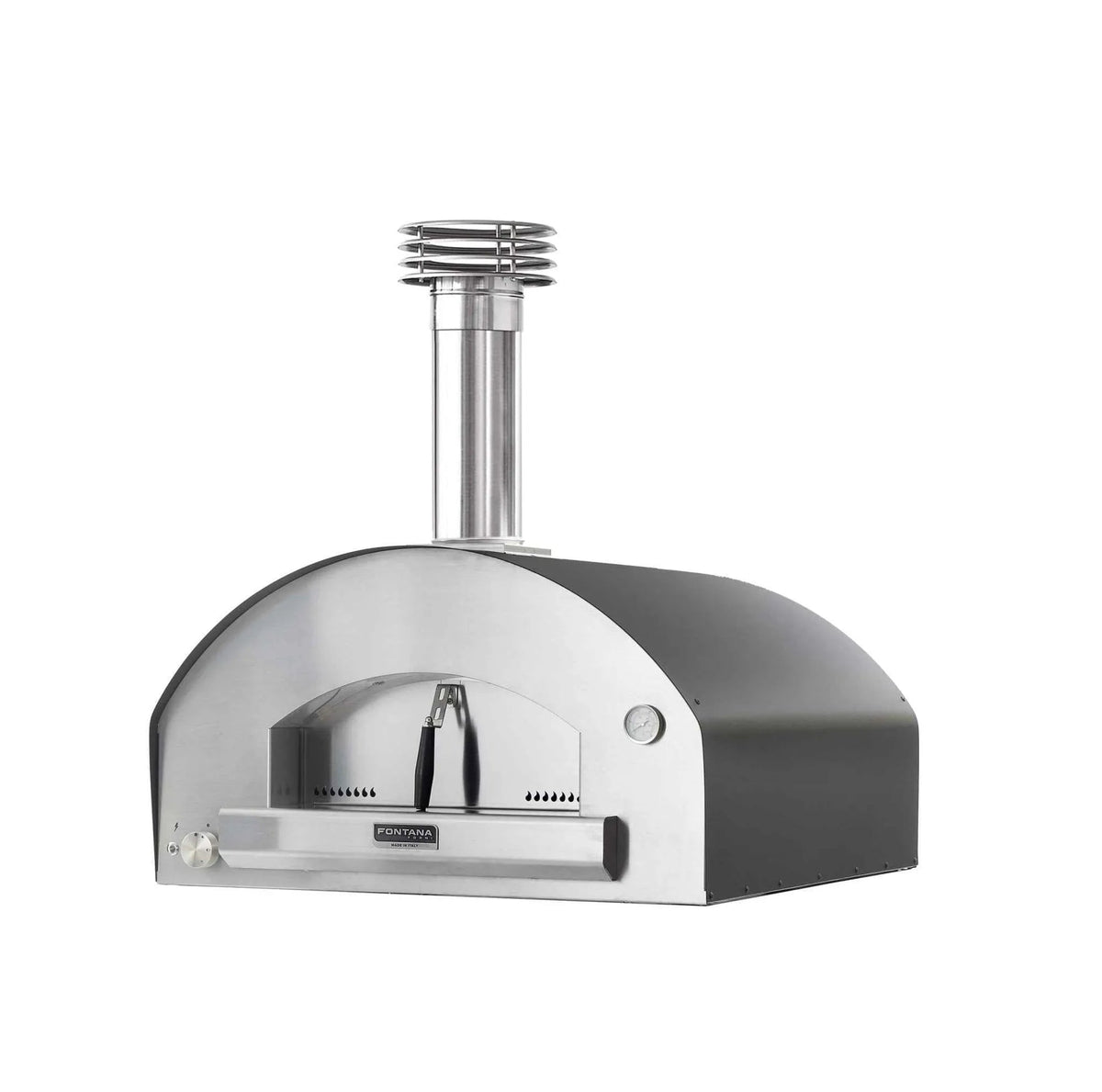 Fontana Marinara Anthracite dual fuel countertop pizza oven in stainless steel and matte black with ribbed chimney