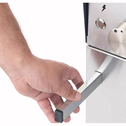 Stainless steel oven door handle with black rubberized end cap on fontana marinara anthracite countertop dual fuel pizza oven