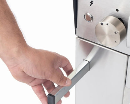 Stainless steel oven door handle with black rubberized end cap on fontana marinara rosso dual fuel pizza oven
