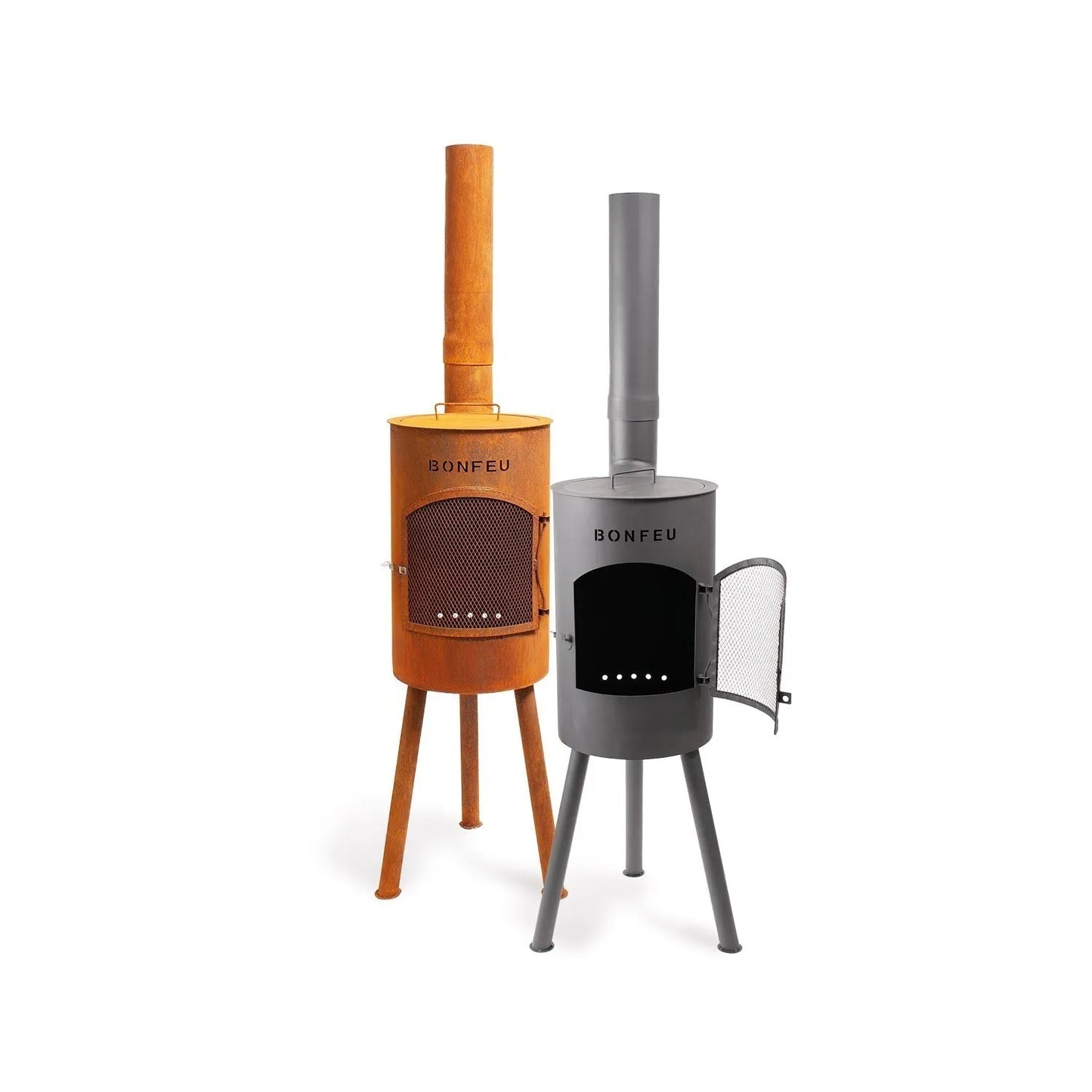 Two bonfeu bongiano sp outdoor fireplaces in orange corten steel and gray metal with wooden and slender legs