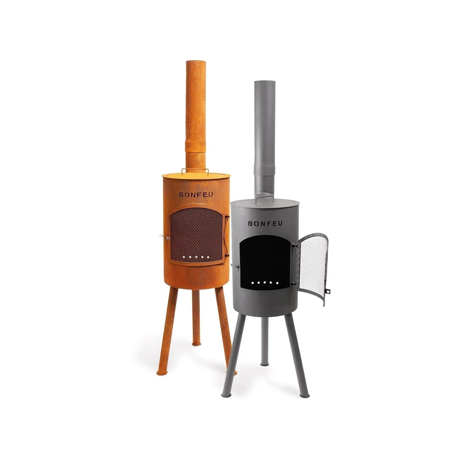 Two bonfeu bongiano sp outdoor fireplaces in orange corten steel and gray metal with wooden and slender legs