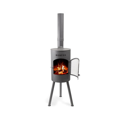 Gray metal bonfeu bongiano sp outdoor fireplace with mesh door and chimney in black and corten steel