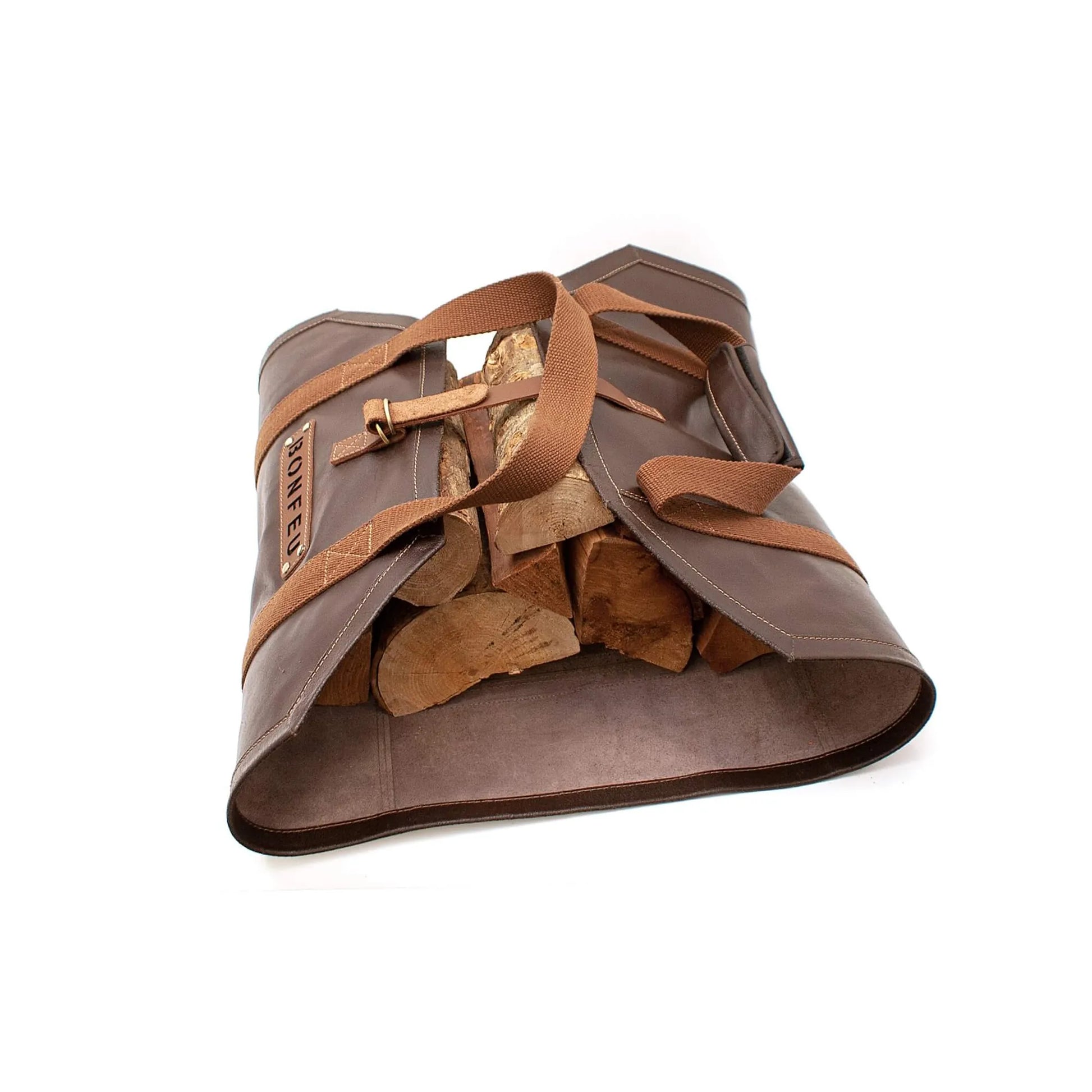 Brown leather bonfeu log bag with tan straps and ponte brand label designed for carrying firewood efficiently