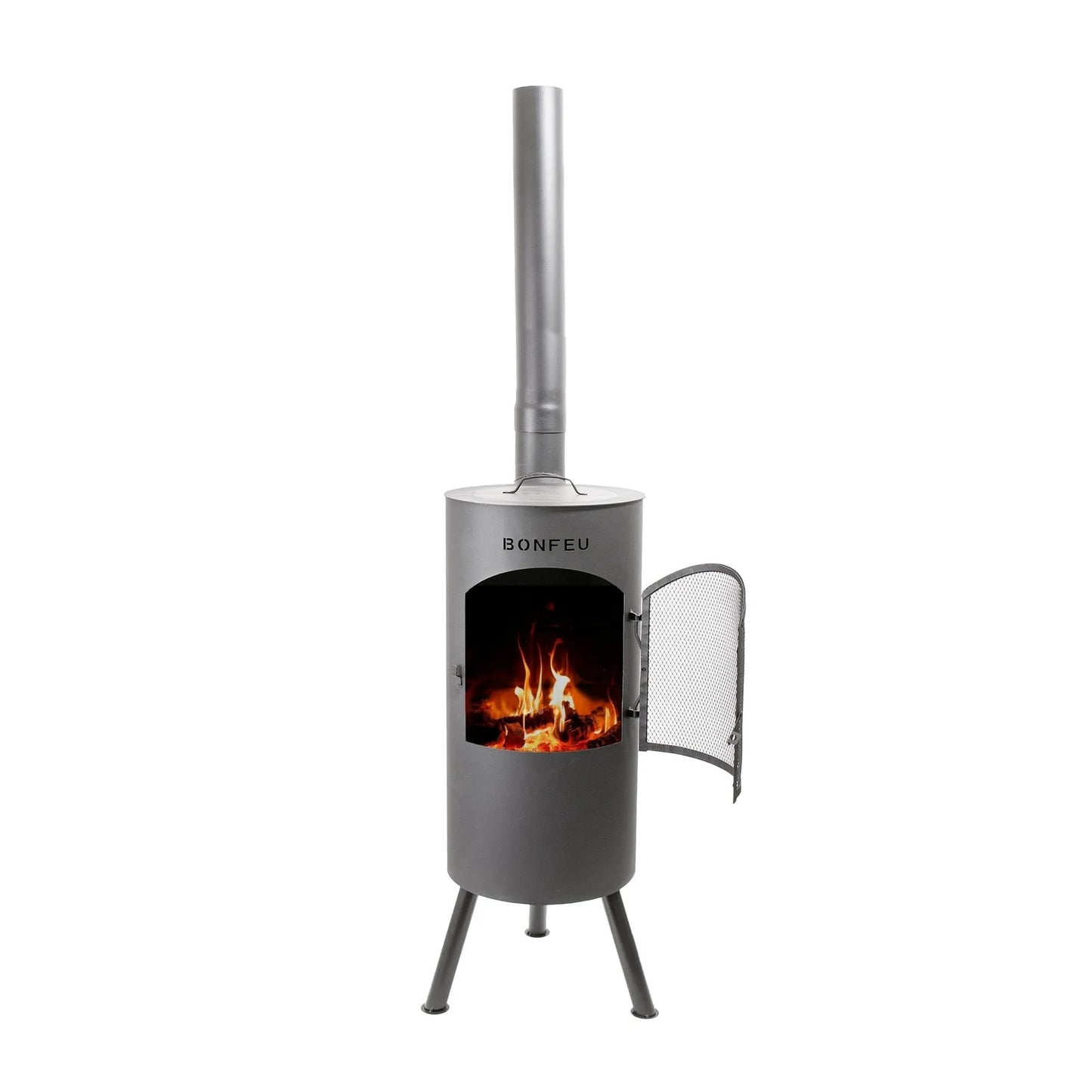Gray metal outdoor fireplace with tall chimney mesh door and bonfeu brand on front bonfeu bontino lp black 3501