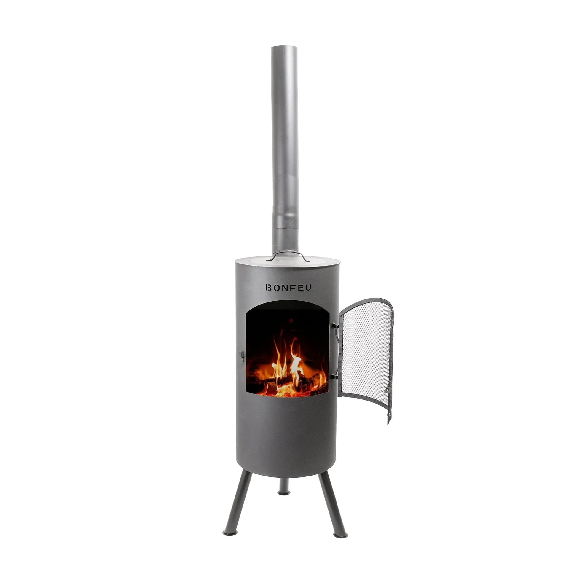 Gray metal outdoor fireplace with tall chimney mesh door and bonfeu brand on front bonfeu bontino lp black 3501