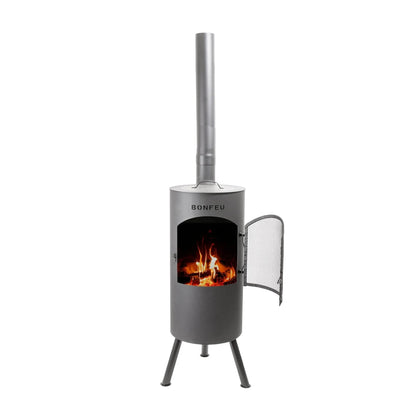 Gray metal outdoor fireplace with tall chimney mesh door and bonfeu brand on front bonfeu bontino lp black 3501