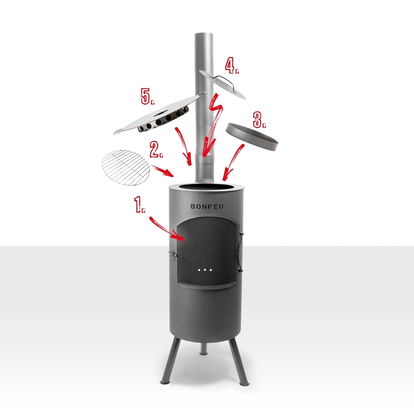 Bonfeu bontino lp outdoor fireplace black with gray metal cylindrical body mesh front panel and three-legged base