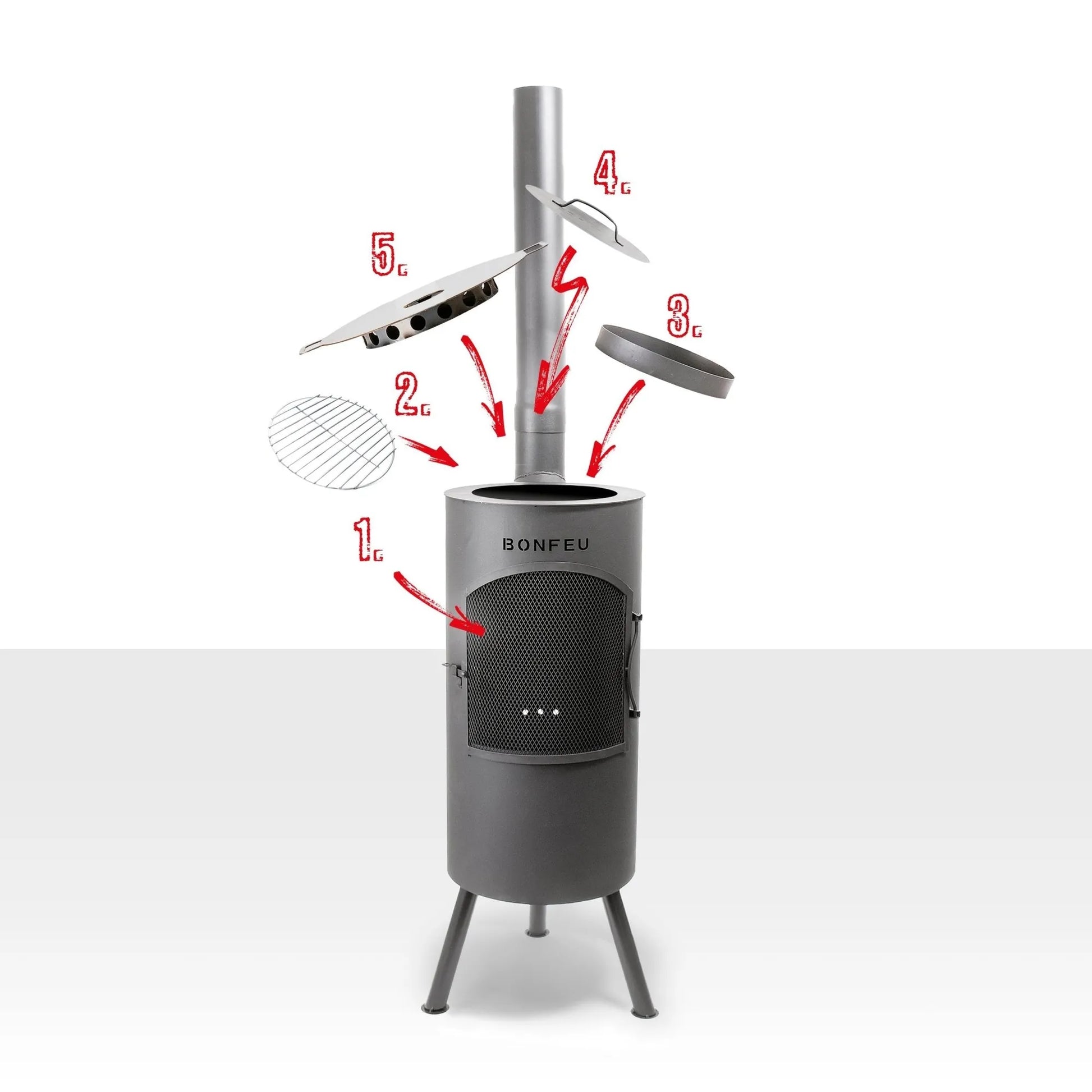 Bonfeu bontino lp outdoor fireplace black with gray metal cylindrical body mesh front panel and three-legged base