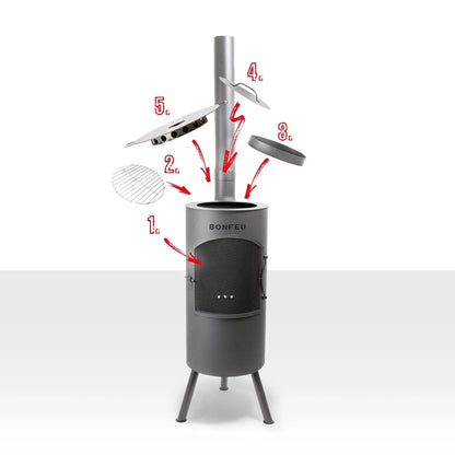 Bonfeu bontino lp outdoor fireplace black with gray metal cylindrical body mesh front panel and three-legged base