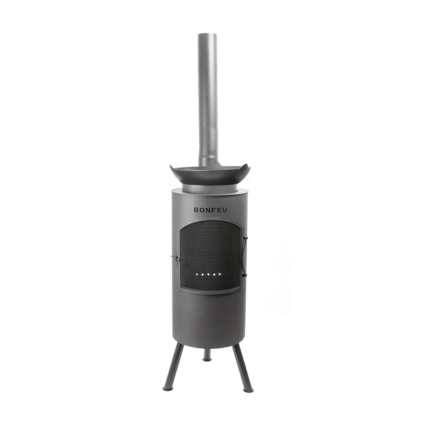 Bonfeu bontino lp outdoor fireplace black gray metal with cylindrical body mesh front and tripod legs