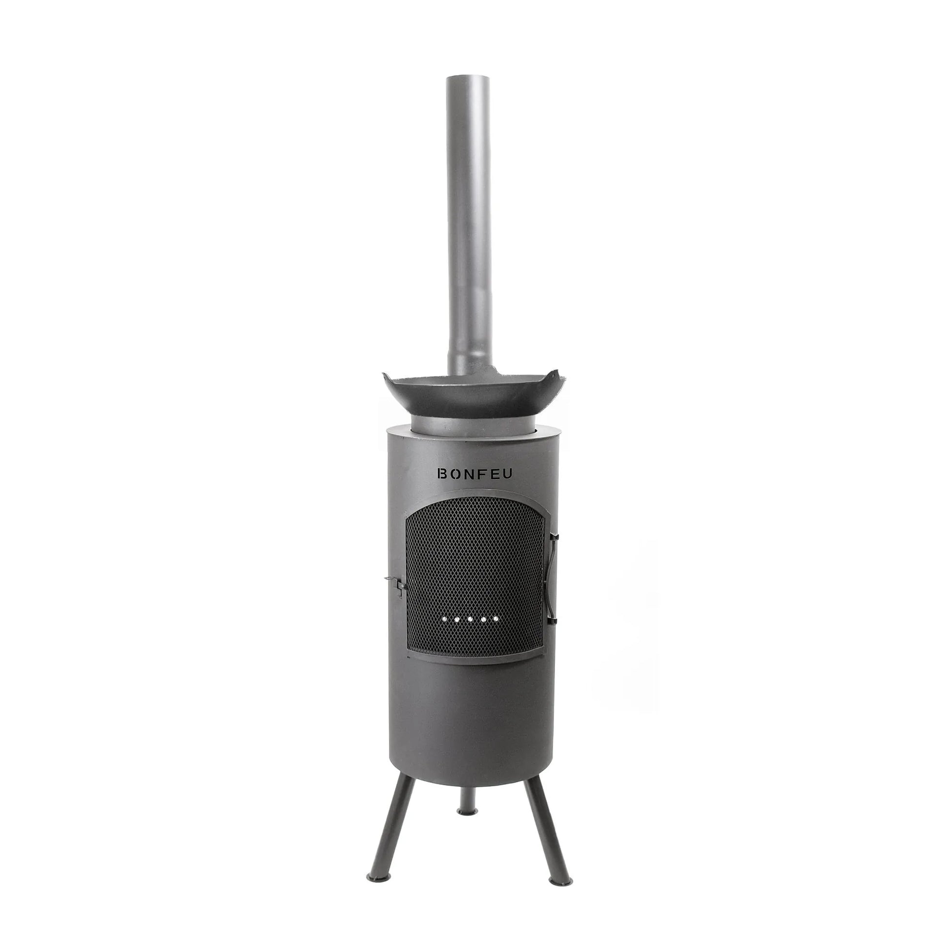 Bonfeu bontino lp outdoor fireplace black gray metal with cylindrical body mesh front and tripod legs