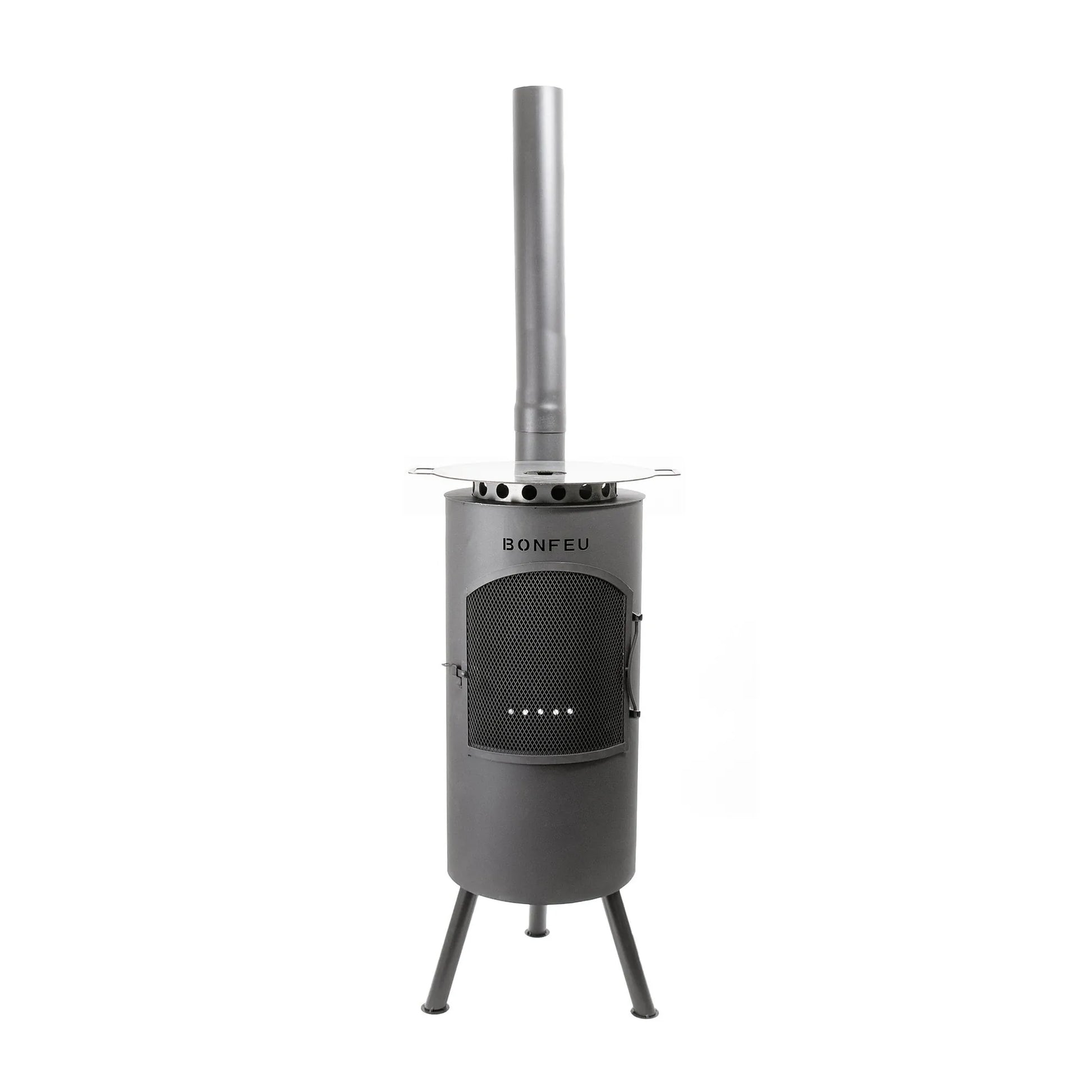 Black bonfeu bontino lp outdoor fireplace with gray metal cylindrical body mesh front panel and vertical chimney