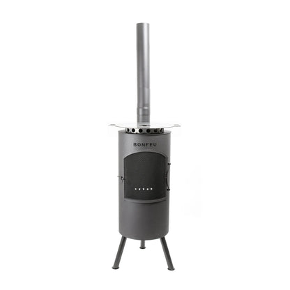 Black bonfeu bontino lp outdoor fireplace with gray metal cylindrical body mesh front panel and vertical chimney