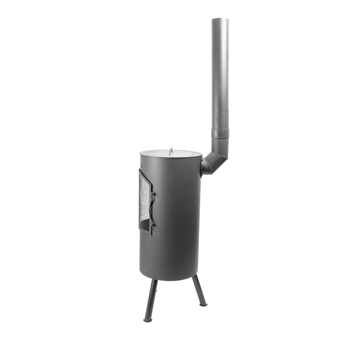 Black cylindrical wood-burning stove BonFeu BonTino LP outdoor fireplace with metal chimney and mesh door