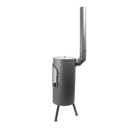 Black cylindrical wood-burning stove BonFeu BonTino LP outdoor fireplace with metal chimney and mesh door