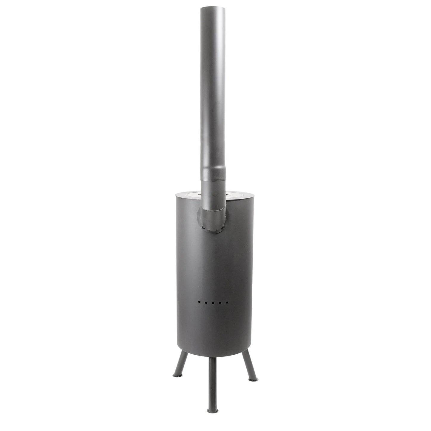 Modern matte gray metal bonfeu bontino lp outdoor fireplace with tall chimney and tripod legs in black 3501 model