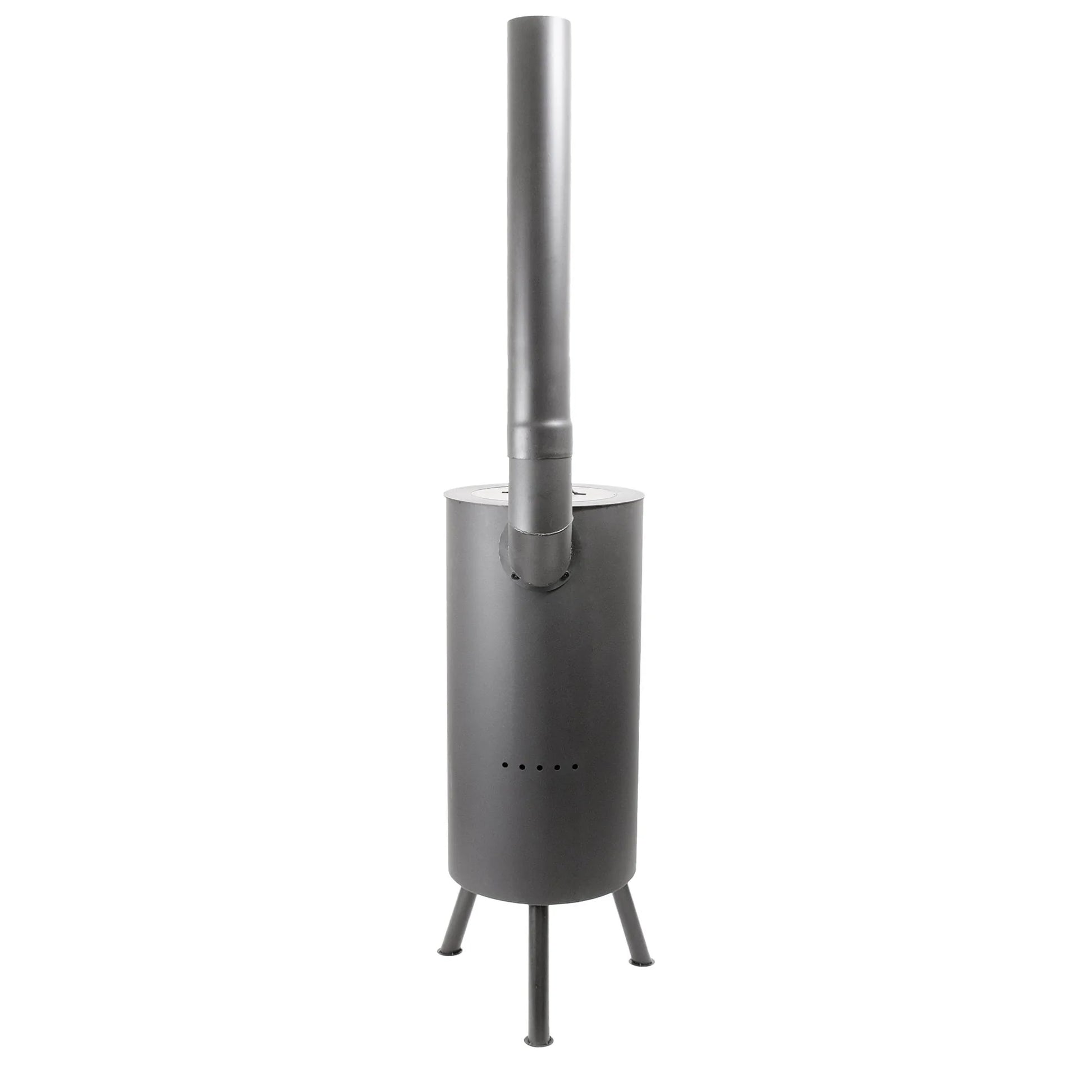 Modern matte gray metal bonfeu bontino lp outdoor fireplace with tall chimney and tripod legs in black 3501 model