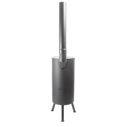 Modern matte gray metal bonfeu bontino lp outdoor fireplace with tall chimney and tripod legs in black 3501 model