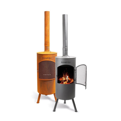 Two bonfeu bontino lp outdoor fireplaces black with rusted copper and matte gray metal finishes and wooden and silver chimneys