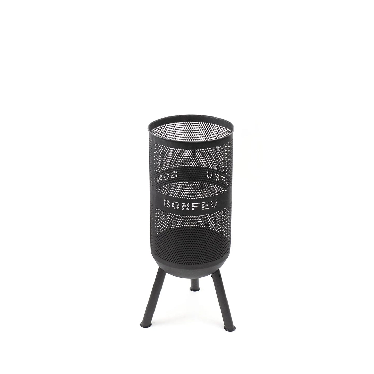 Black perforated metal fire pit with tripod legs and bonfeu branding bonfeu bonves 34 fire basket