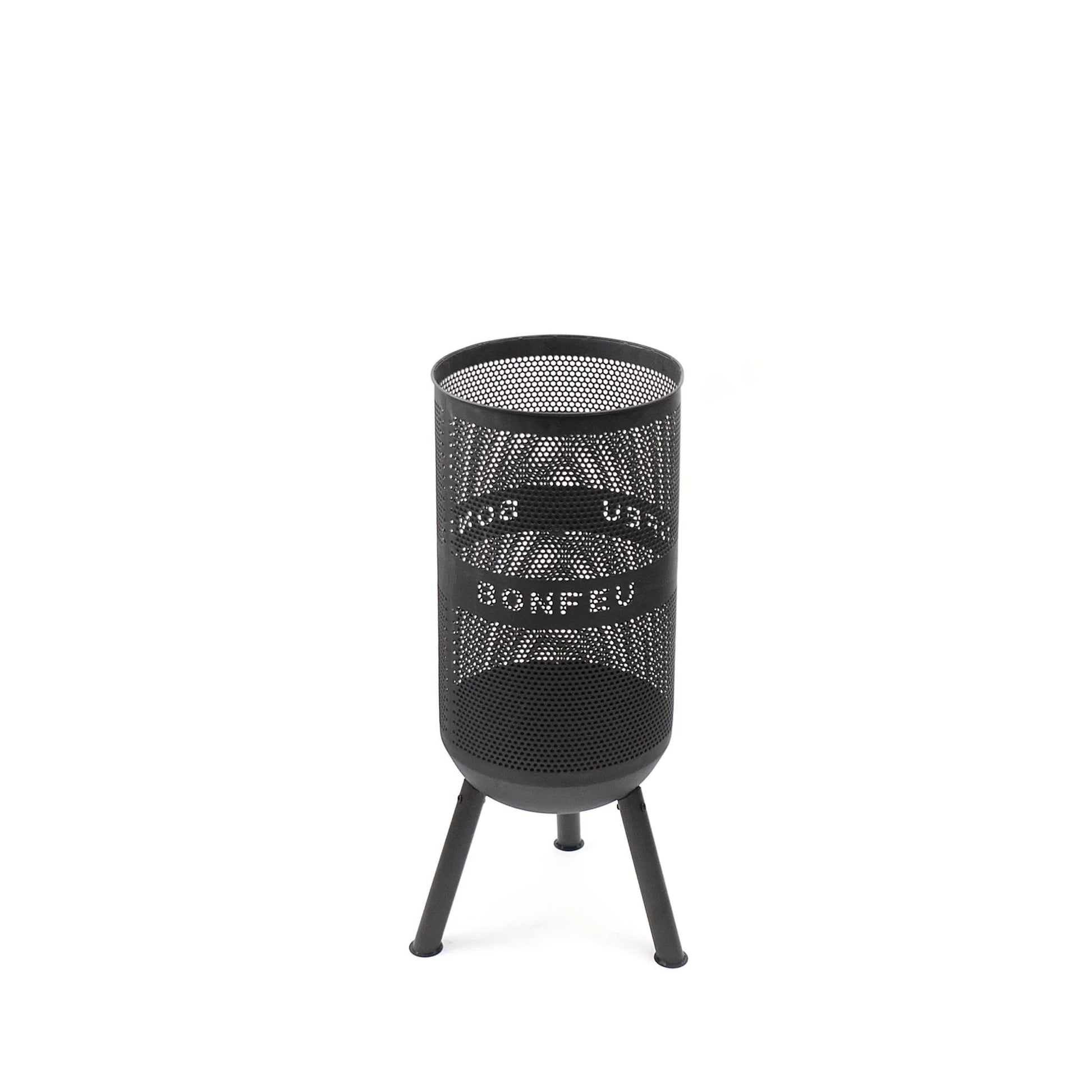 Black perforated metal fire pit with tripod legs and bonfeu branding bonfeu bonves 34 fire basket