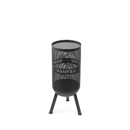 Black perforated metal fire pit with tripod legs and bonfeu branding bonfeu bonves 34 fire basket