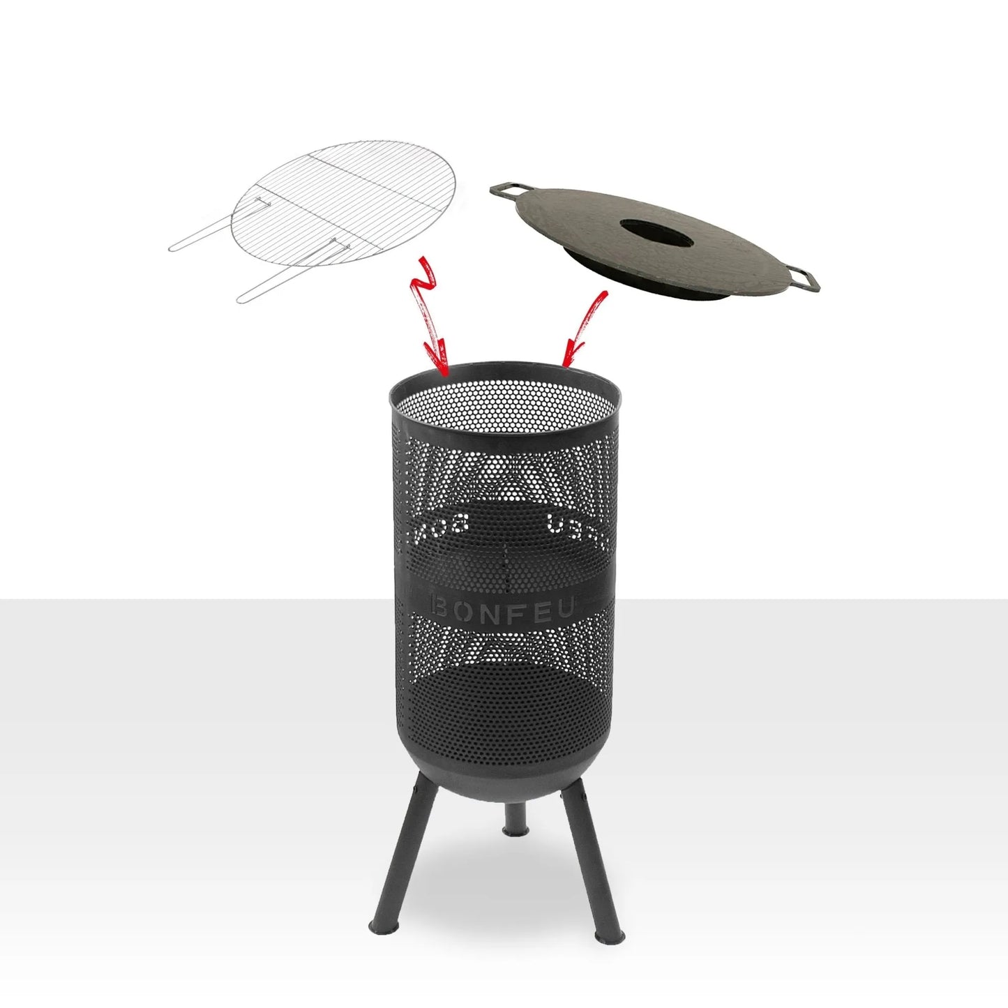 Black perforated metal bonfeu bonves 34 fire pit with tripod legs detachable grill and lid for outdoor use