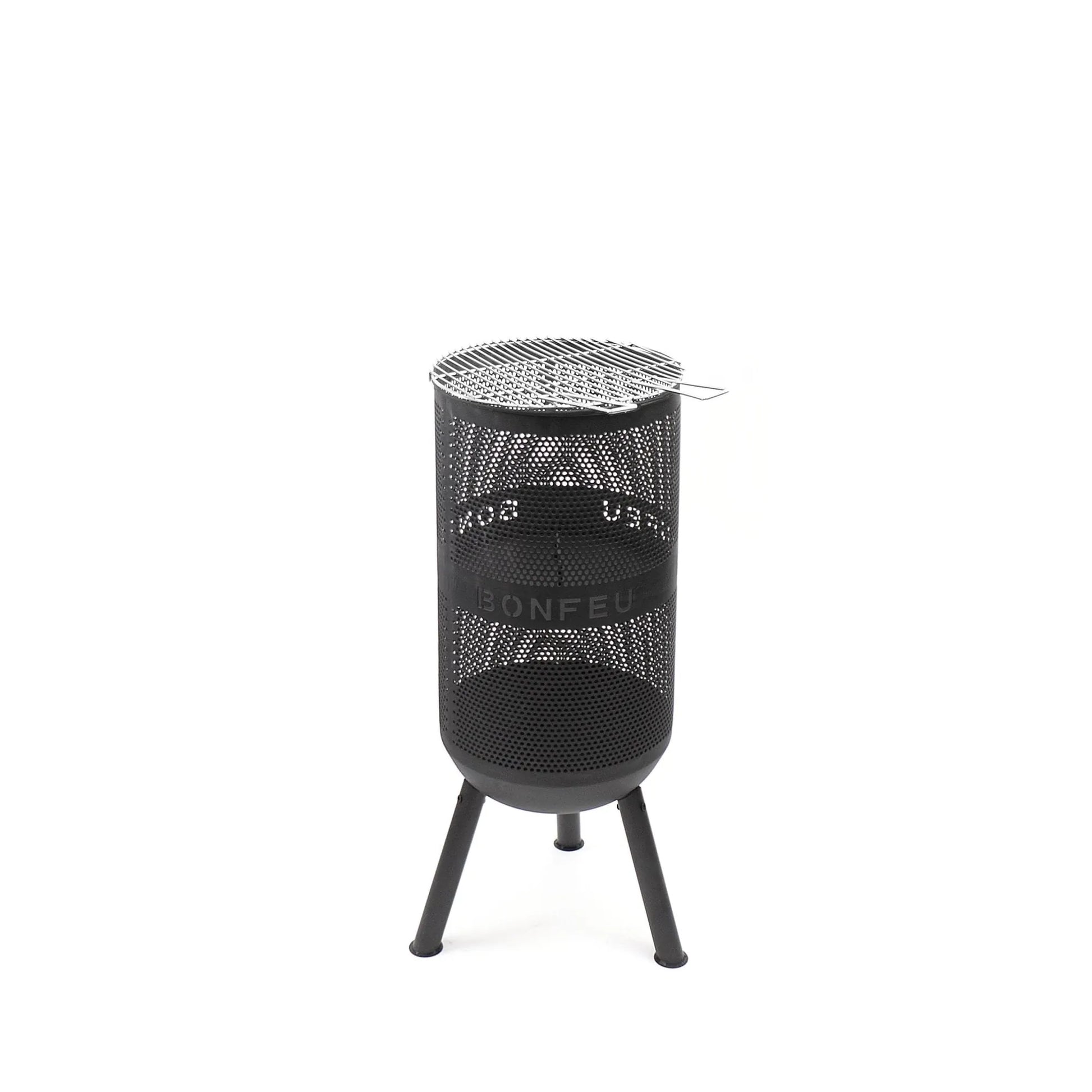 Black perforated metal bonfeu bonves 34 fire pit with silver grill top and tripod legs for outdoor use