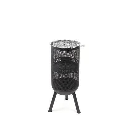 Black perforated metal bonfeu bonves 34 fire pit with silver grill top and tripod legs for outdoor use