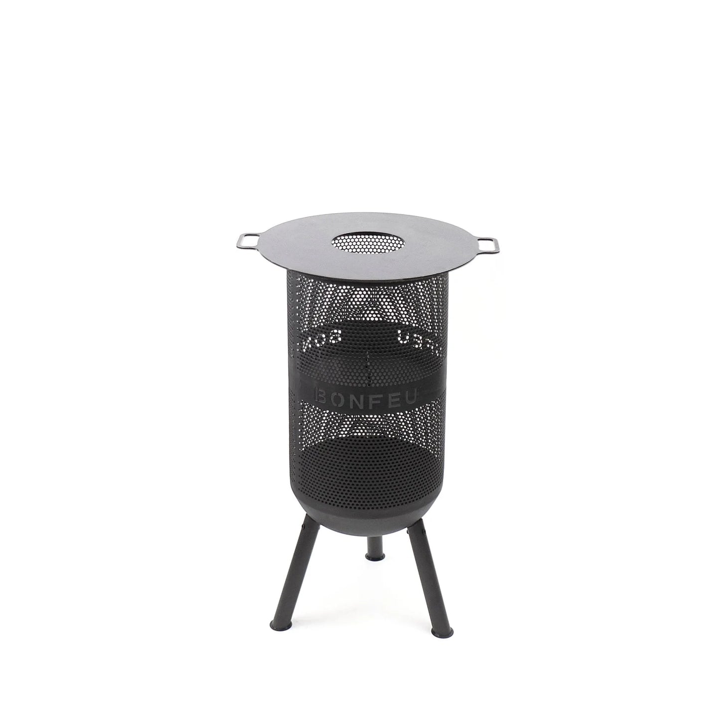 Black perforated metal fire pit bonfeu bonves 34 with circular lid and tripod base for outdoor use