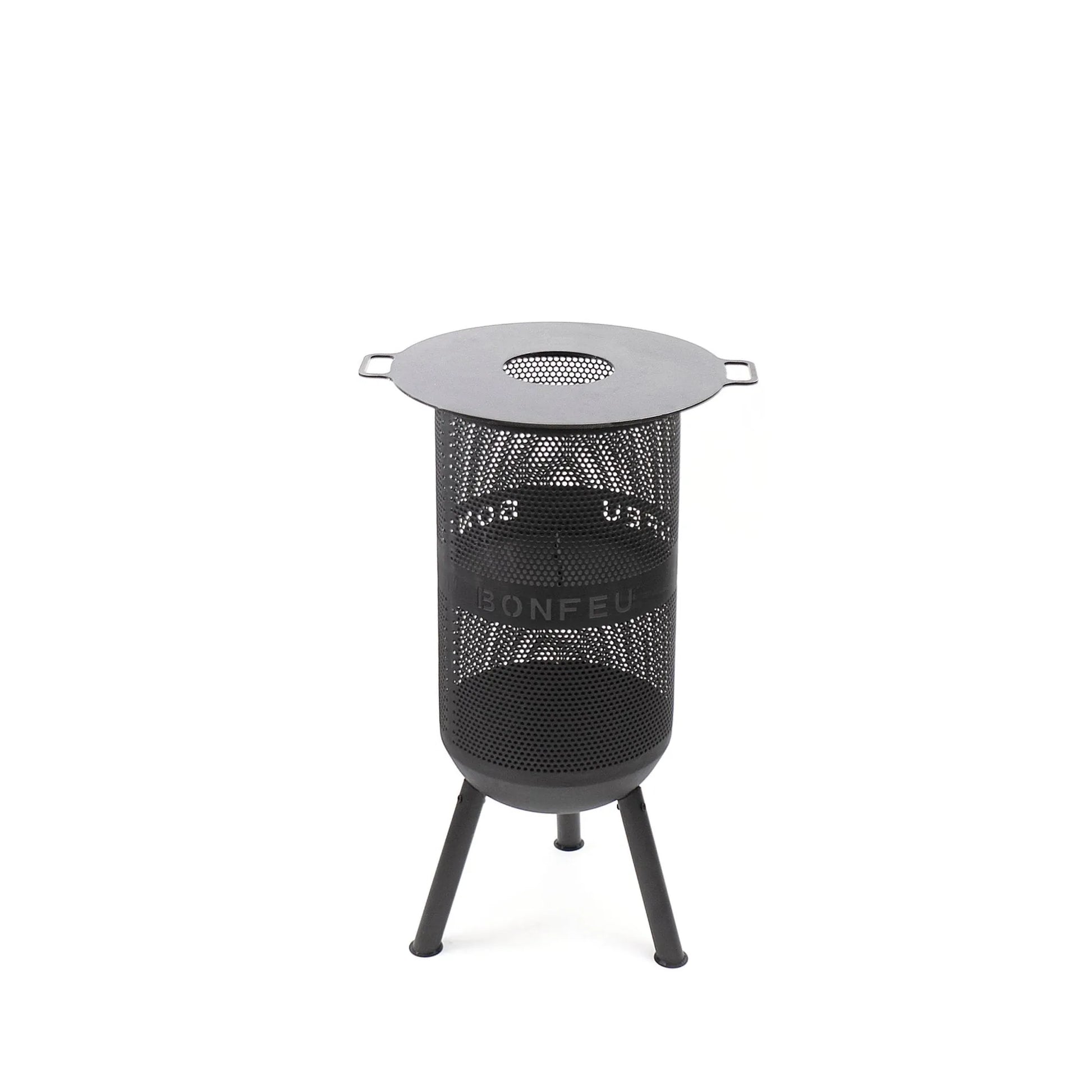 Black perforated metal fire pit bonfeu bonves 34 with circular lid and tripod base for outdoor use