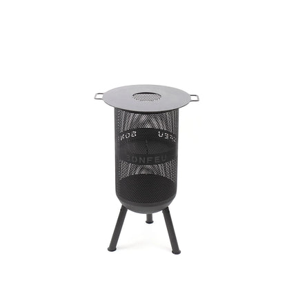 Black perforated metal fire pit bonfeu bonves 34 with circular lid and tripod base for outdoor use
