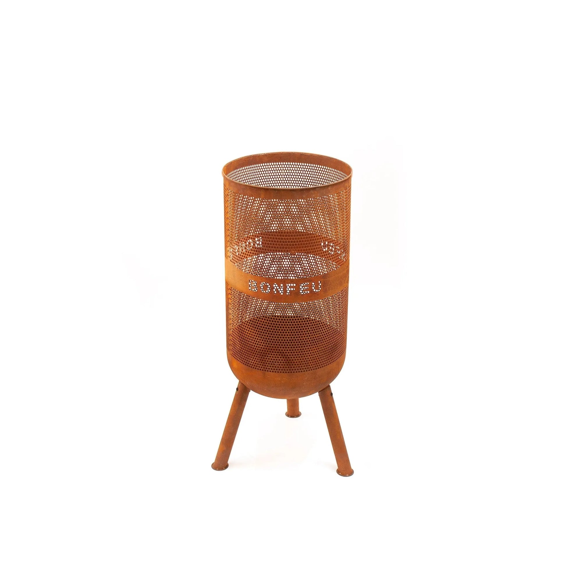 Rust-colored perforated metal fire pit with tripod legs and bonfeu branding bonfeu bonves 34 fire basket