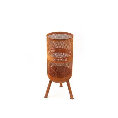 Rust-colored perforated metal fire pit with tripod legs and bonfeu branding bonfeu bonves 34 fire basket