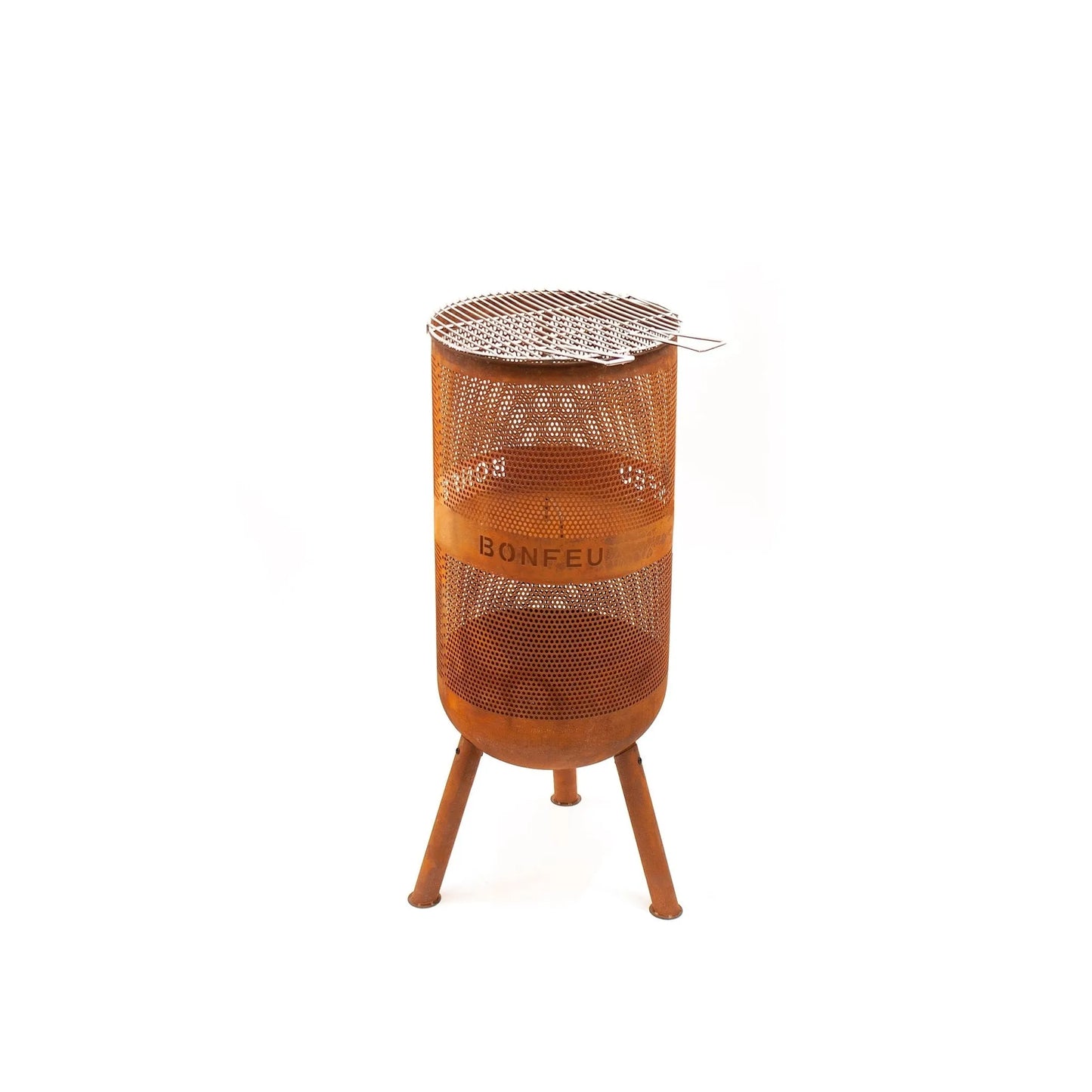 Rust-colored perforated metal BonFeu BonVes 34 fire pit with tripod base and wire mesh lid for outdoor use