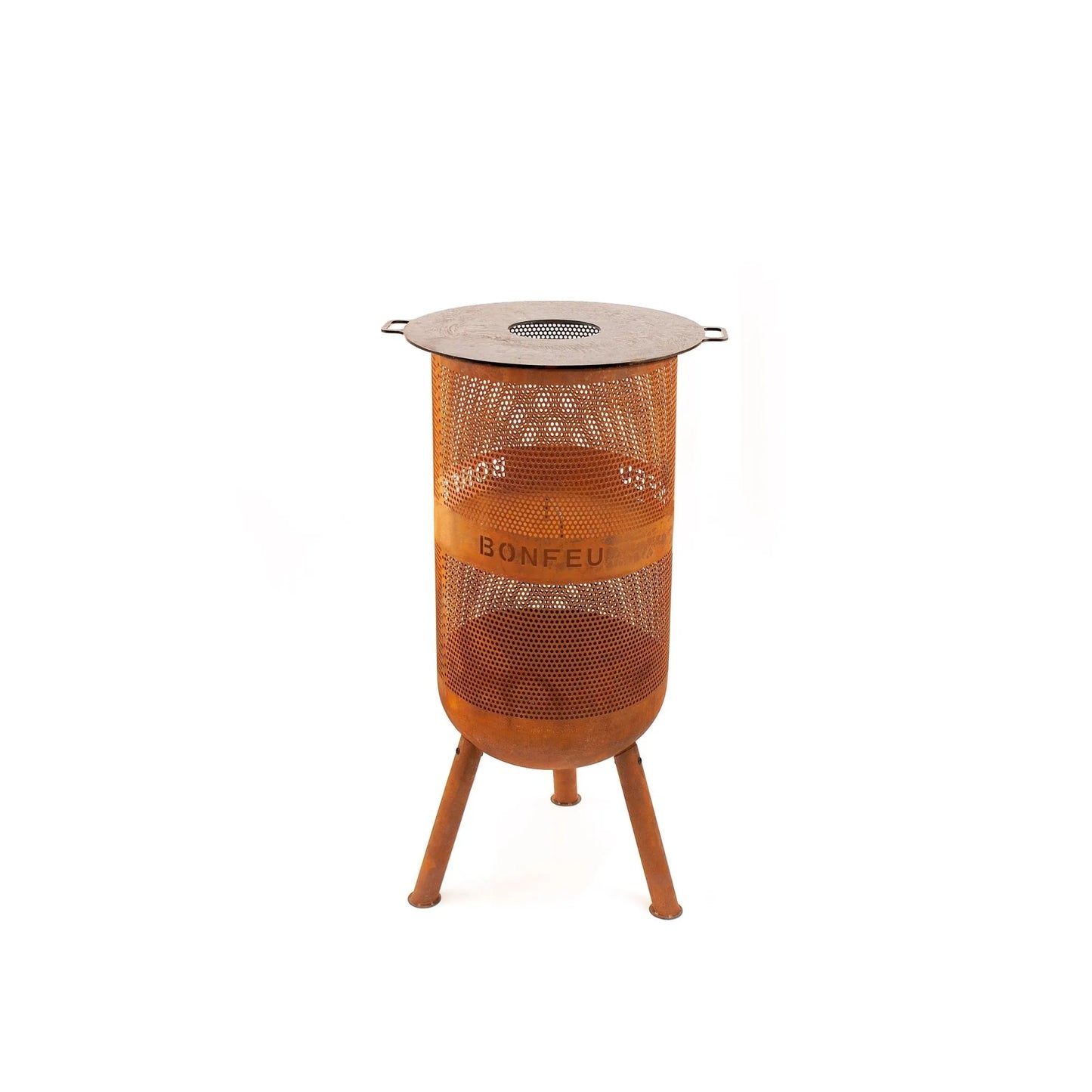 Copper-toned metal BonFeu BonVes 34 fire pit with perforated mesh body, flat vented lid, side handles, and three legs