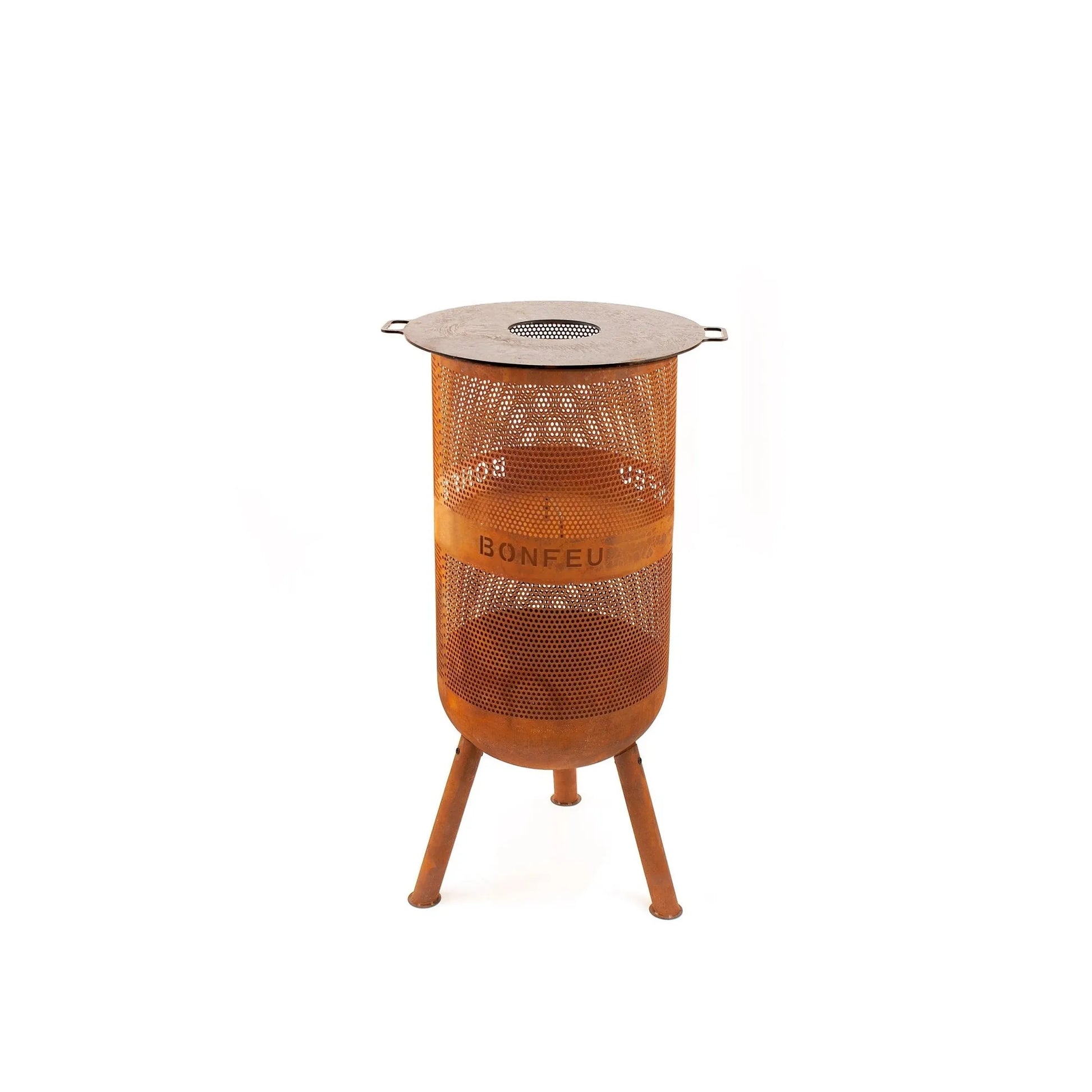 Copper-toned metal BonFeu BonVes 34 fire pit with perforated mesh body, flat vented lid, side handles, and three legs