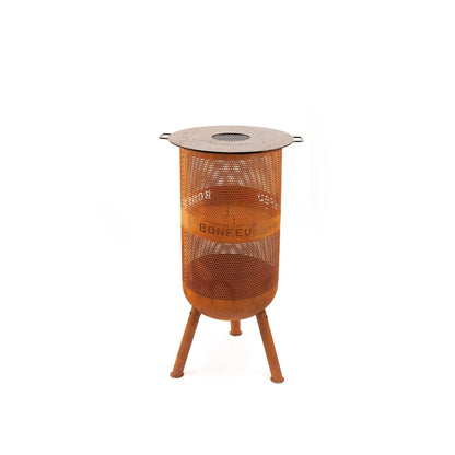 Copper-toned metal BonFeu BonVes 34 fire pit with perforated mesh body, flat vented lid, side handles, and three legs