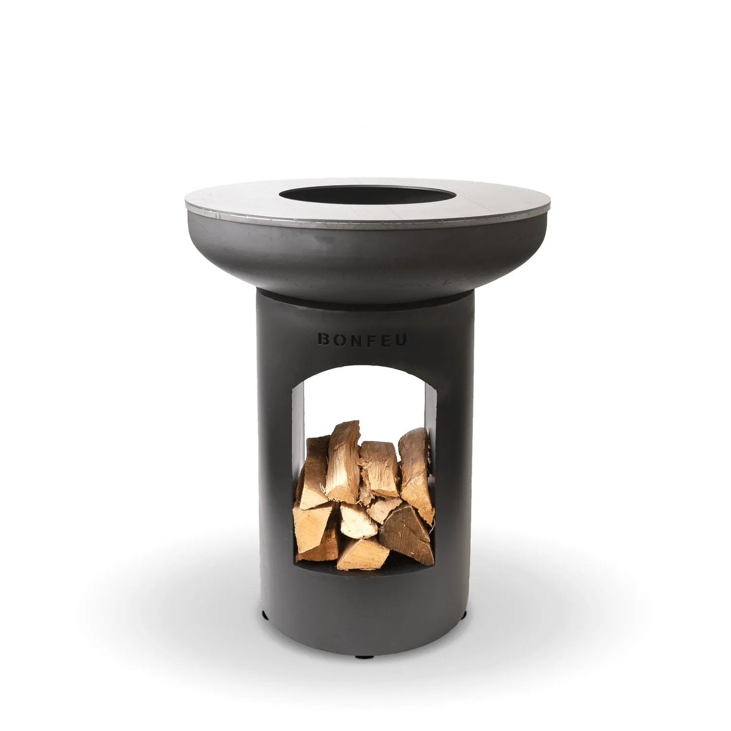 Dark gray bonfeu bonbiza cylindrical outdoor fire pit with sleek modern design and circular top opening in steel